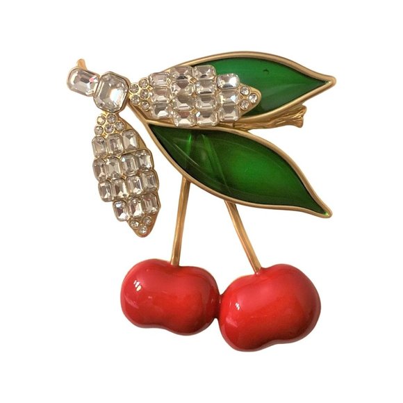 Stunning Enamel Red Cherries, Green Glass & Crystal Rhinestones Pin Brooch - Picture 1 of 7
